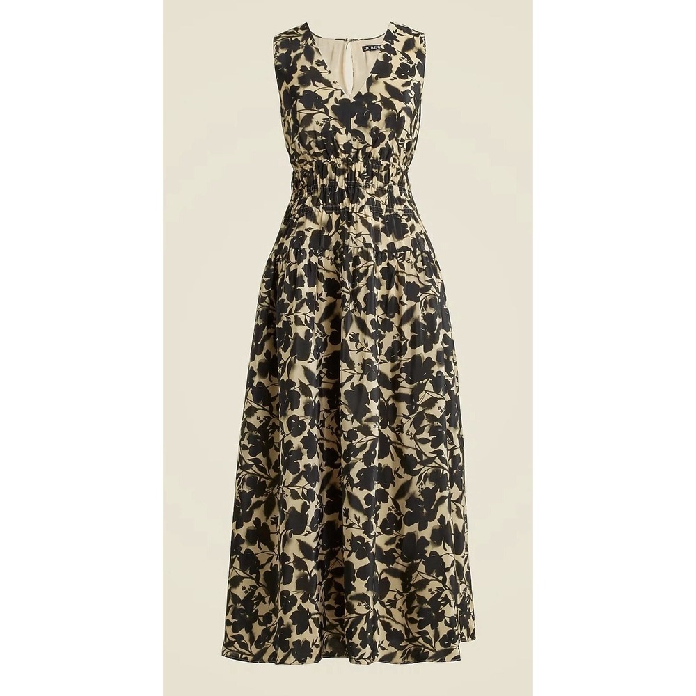 J.Crew L Tall LT Hyacinth Floral Maxi Dress Crepe De Chine Pockets Tan Black